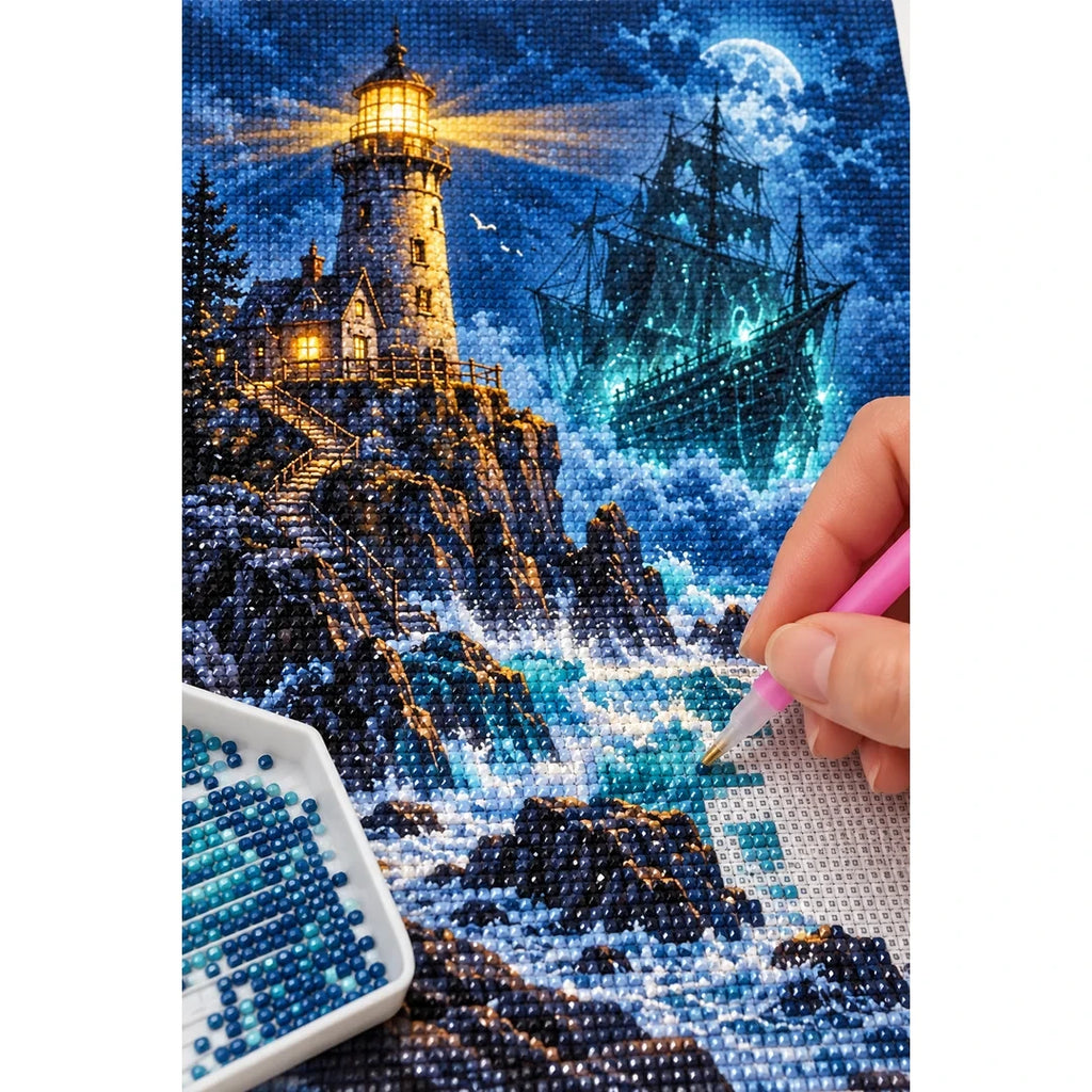 Stormy Lighthouse Ghost Ship Diamond Painting Kit diamond placement process
