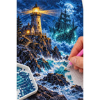 Stormy Lighthouse Ghost Ship Diamond Painting Kit diamond placement process