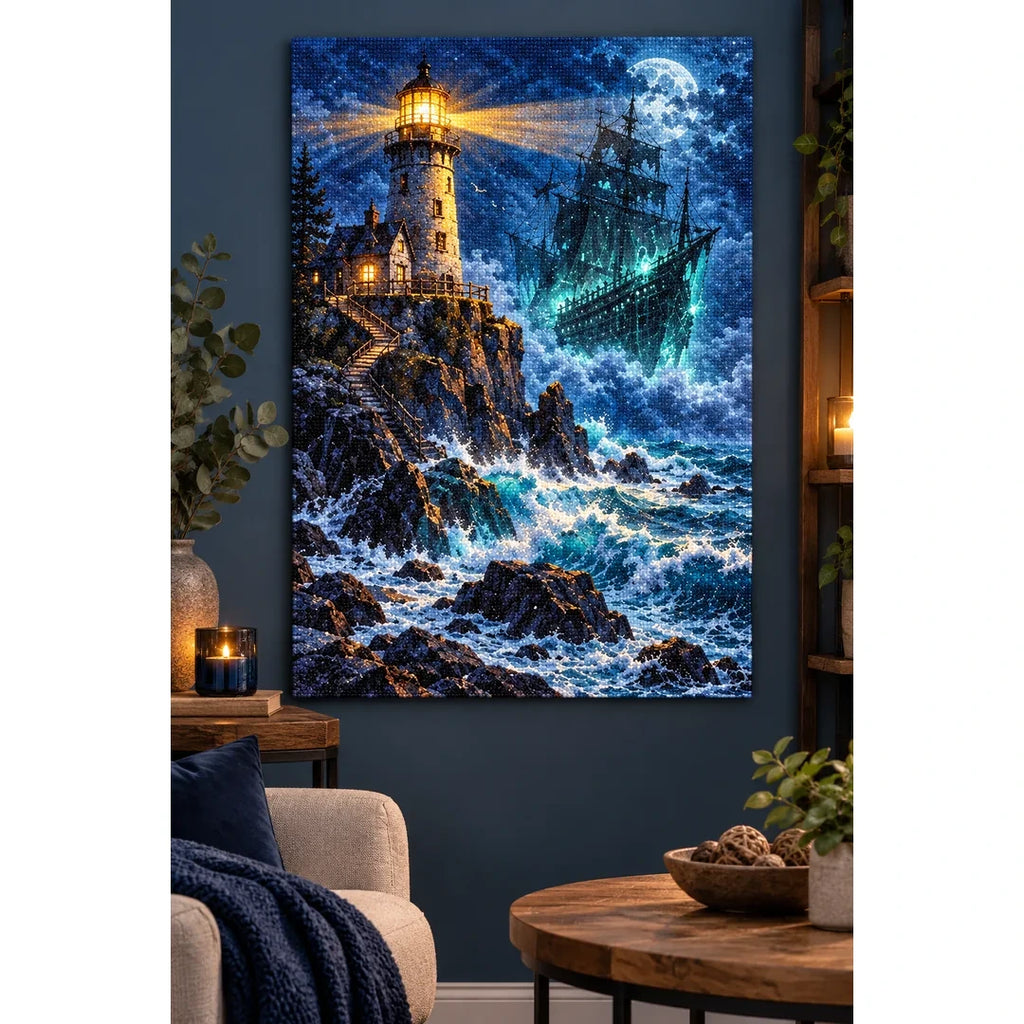 Stormy Lighthouse Ghost Ship Diamond Painting Kit home decor scene