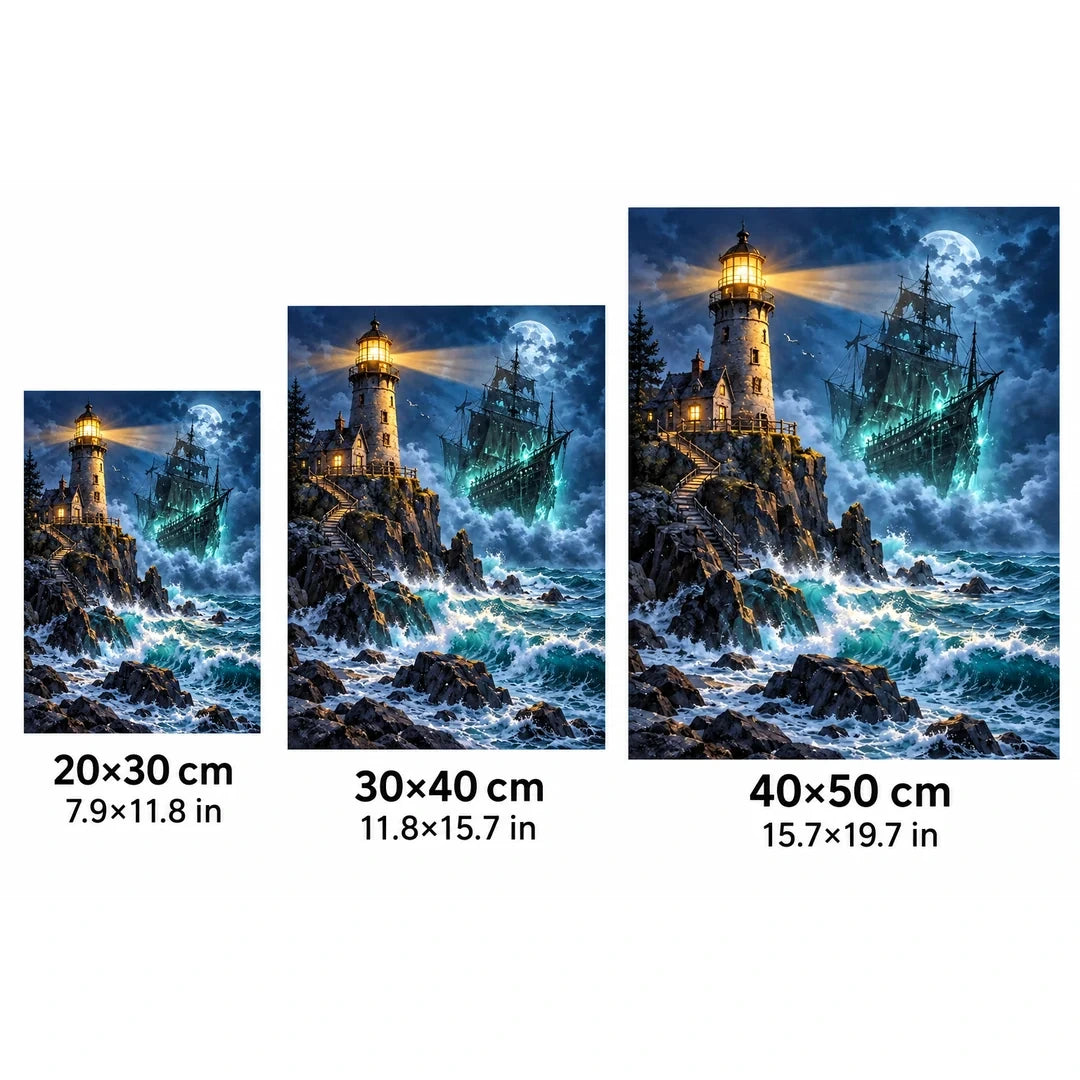 Stormy Lighthouse Ghost Ship Diamond Painting Kit size guide