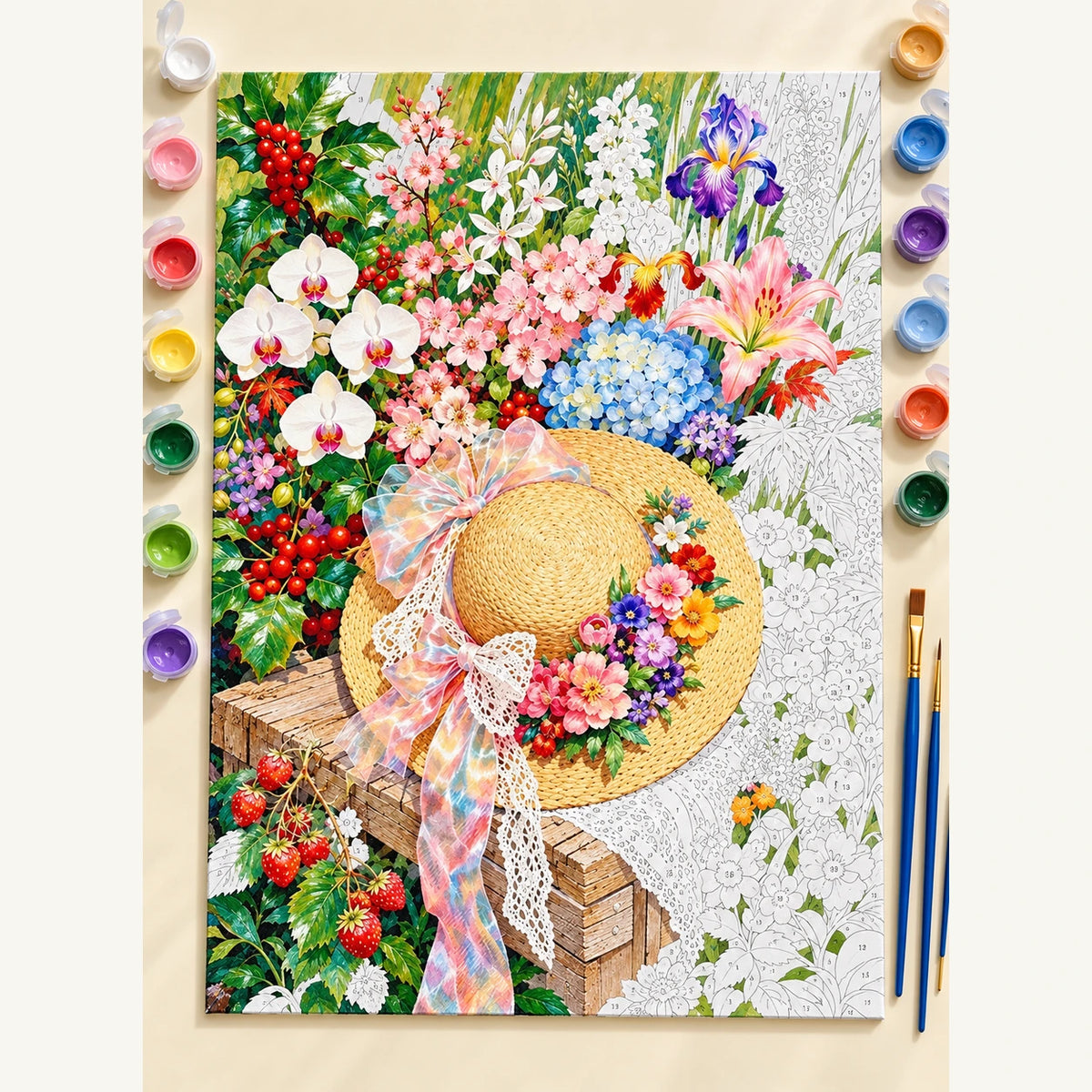 Straw Hat in a Flower Garden Paint by Numbers Kit: complete numbered canvas with paints and brushes arranged for painting