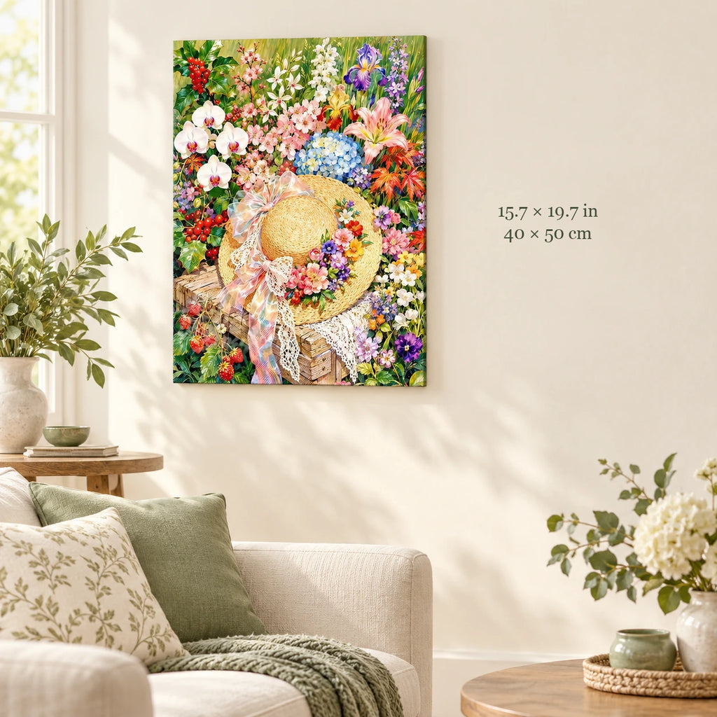 Straw Hat in a Flower Garden Paint by Numbers Kit: artwork shown in a styled room with 15.7 × 19.7 in and 40 × 50 cm dimensions