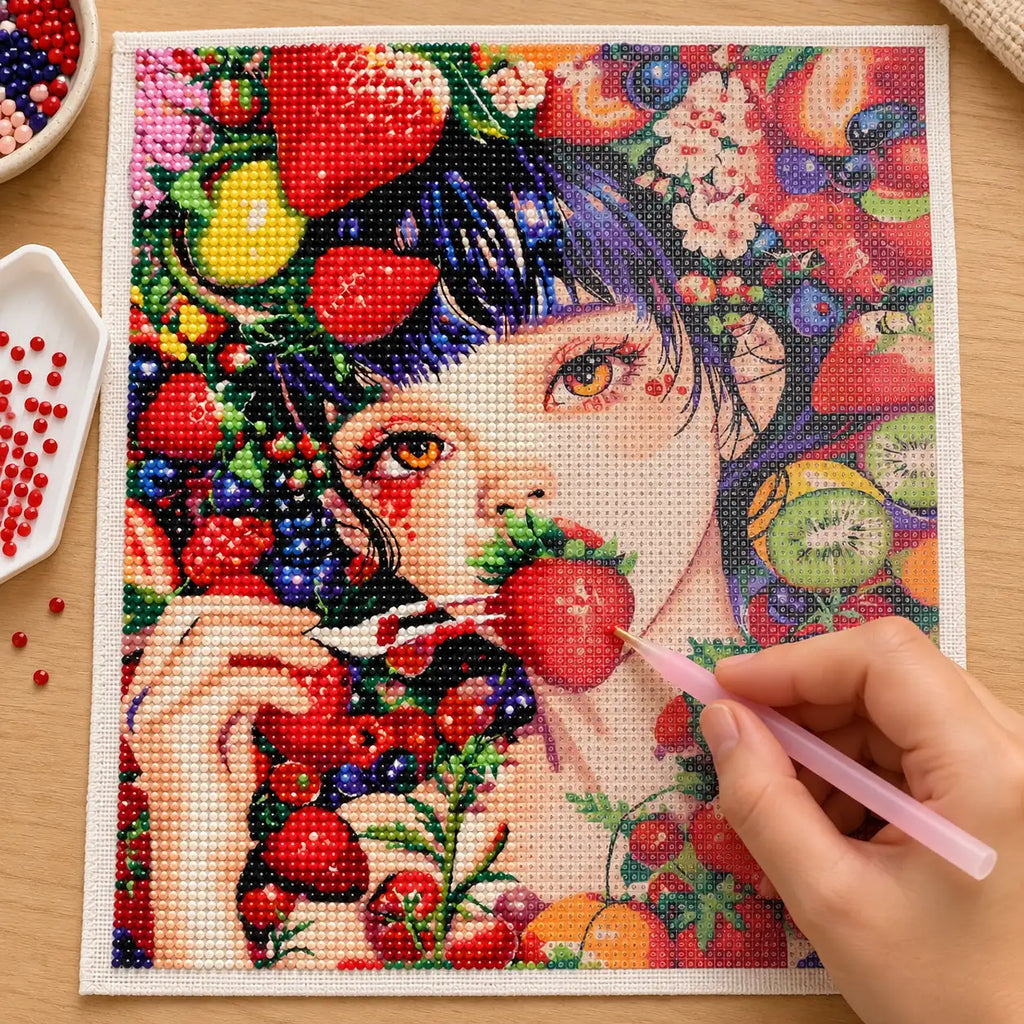 Diamond painting process for strawberry kiss.