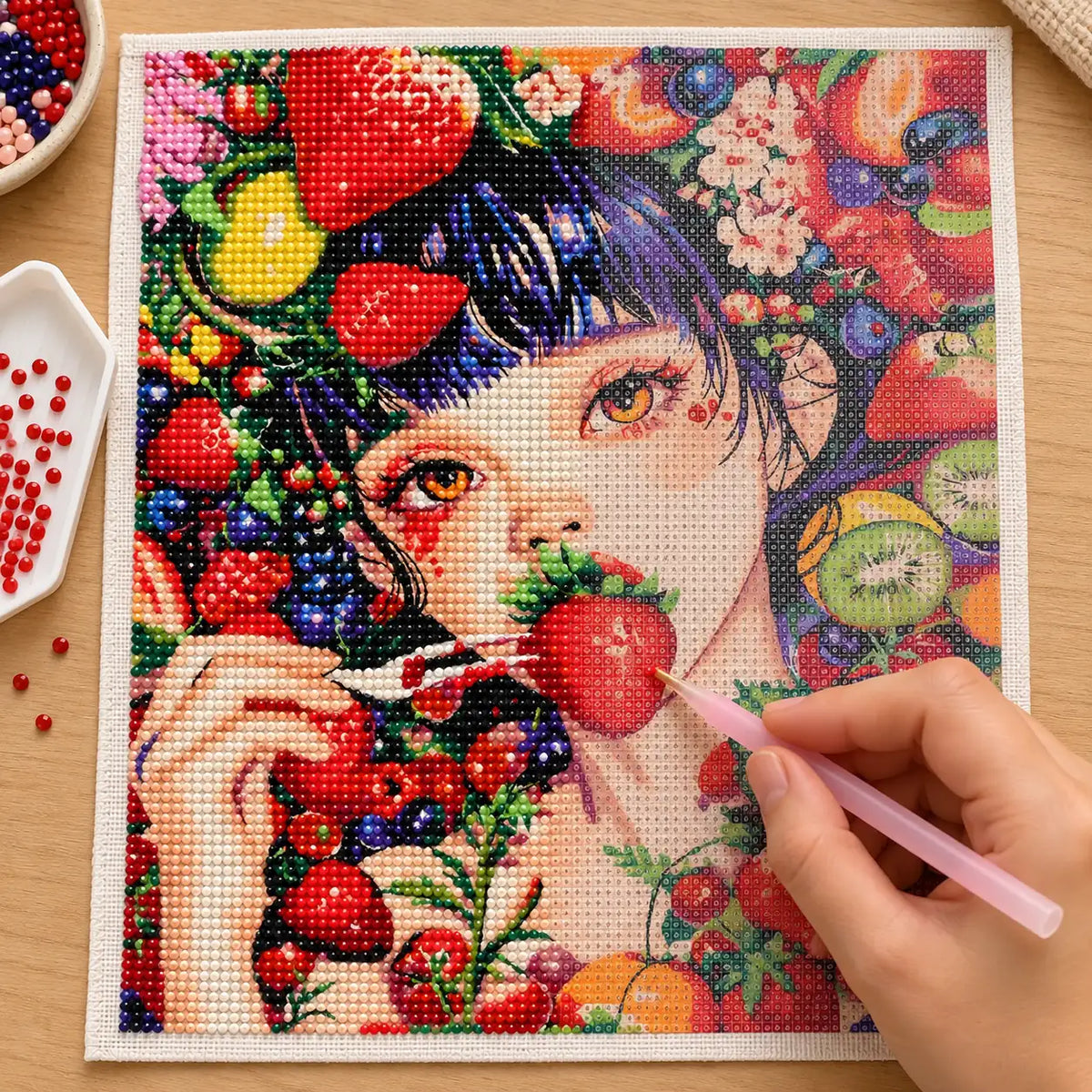 Diamond painting process for strawberry kiss.