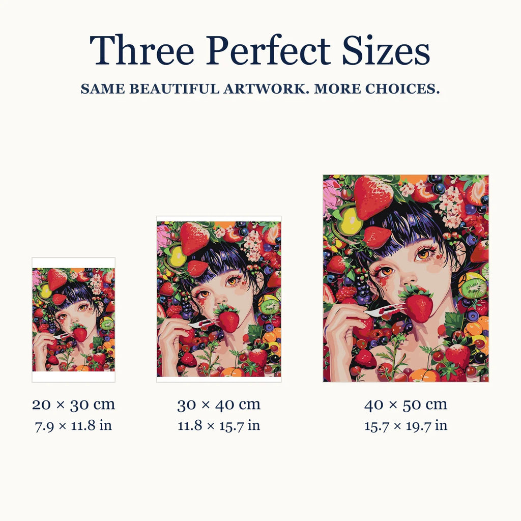 Size guide for Strawberry Kiss Diamond Painting Kit: 20 × 30 cm, 30 × 40 cm, and 40 × 50 cm.