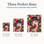 Size guide for Strawberry Kiss Diamond Painting Kit: 20 × 30 cm, 30 × 40 cm, and 40 × 50 cm.