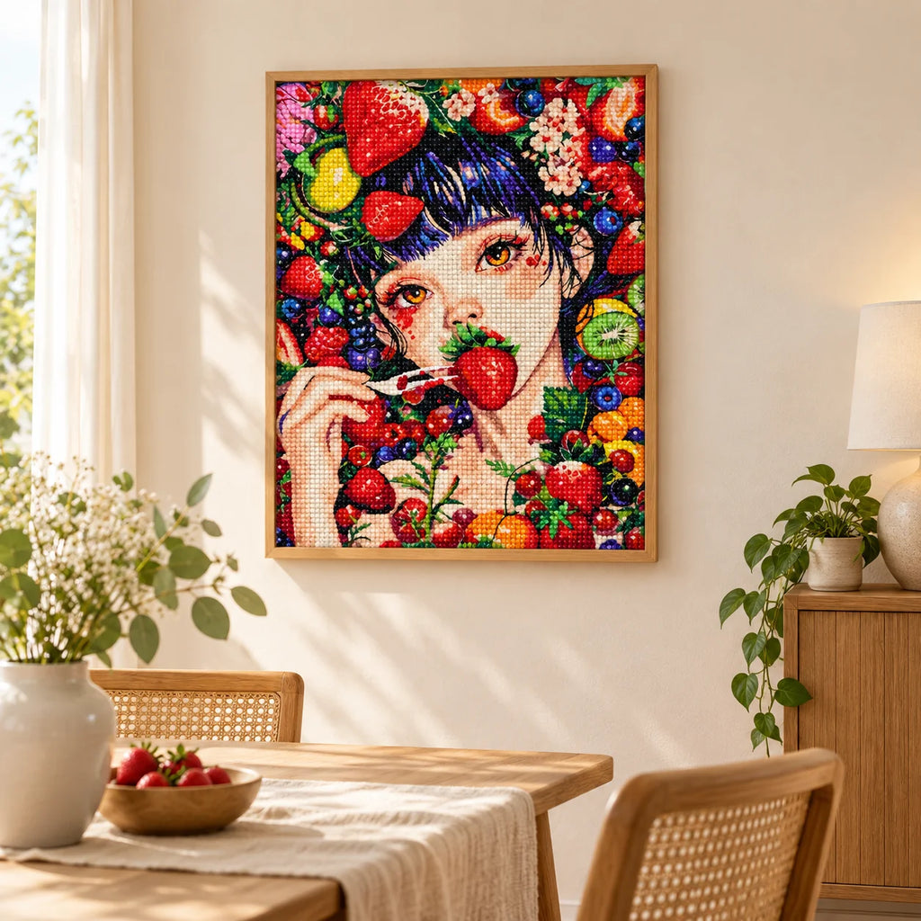 Home decor scene showing strawberry kiss displayed on a wall.