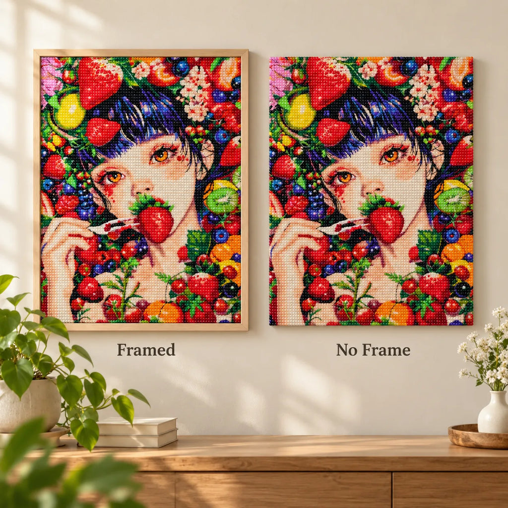 Framed and no-frame comparison for Strawberry Kiss Diamond Painting Kit.
