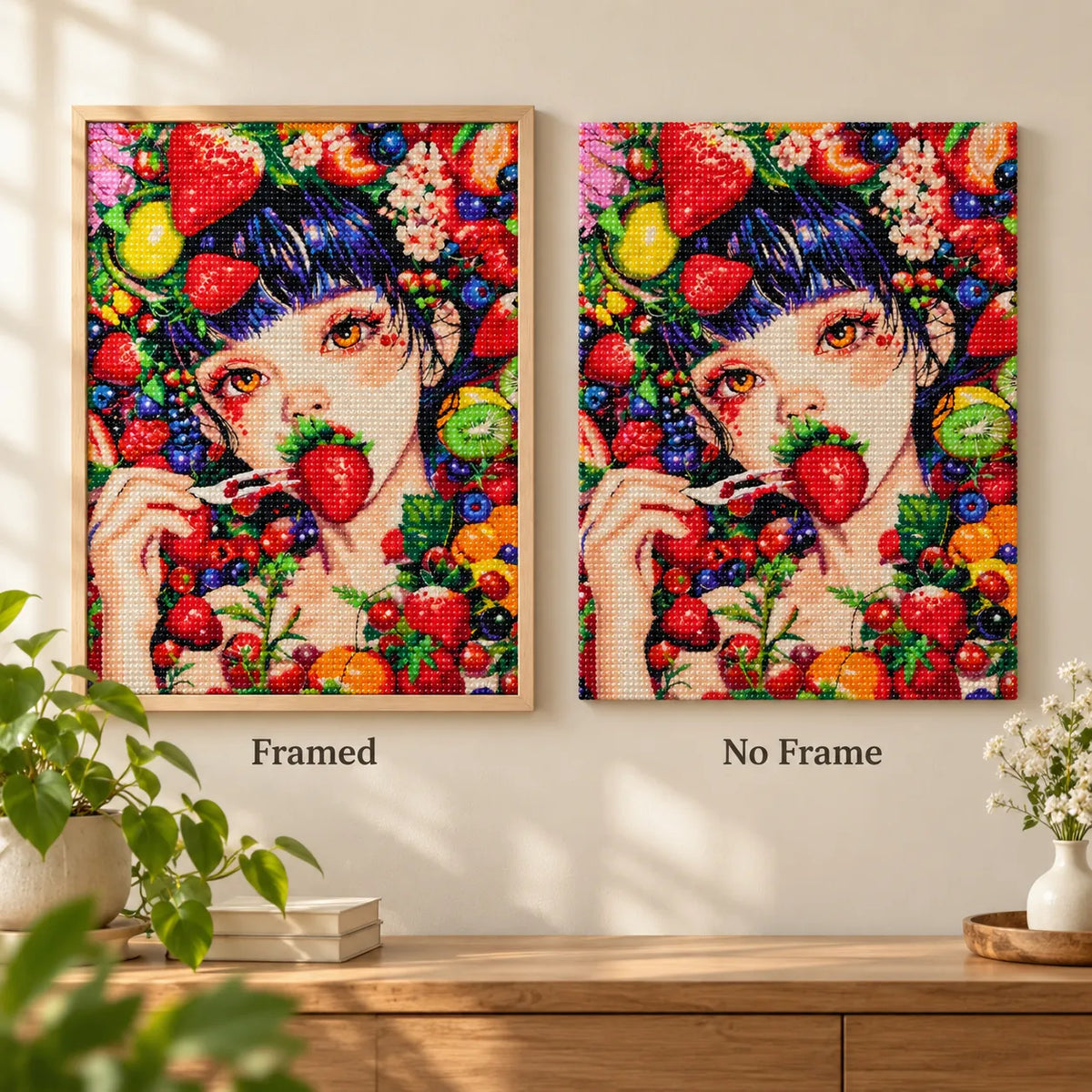 Framed and no-frame comparison for Strawberry Kiss Diamond Painting Kit.
