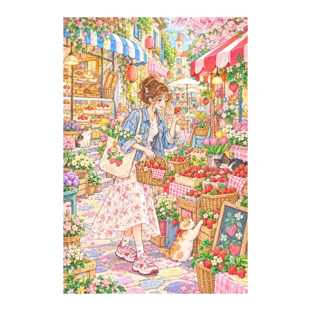 White-background original artwork of a young woman browsing strawberries and flowers at a lively street market for a diamond painting kit
