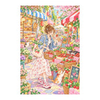 White-background original artwork of a young woman browsing strawberries and flowers at a lively street market for a diamond painting kit