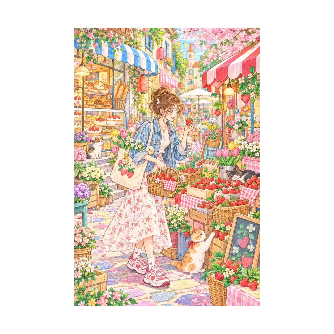 White-background original artwork of a young woman browsing strawberries and flowers at a lively street market for a diamond painting kit