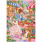 White-background finished diamond painting of a young woman browsing strawberries and flowers at a lively street market with sparkling drills