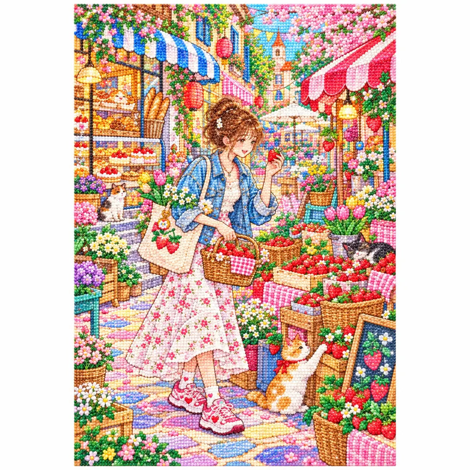 White-background finished diamond painting of a young woman browsing strawberries and flowers at a lively street market with sparkling drills