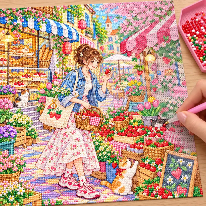 Diamond painting process showing a young woman browsing strawberries and flowers at a lively street market being completed with a stylus