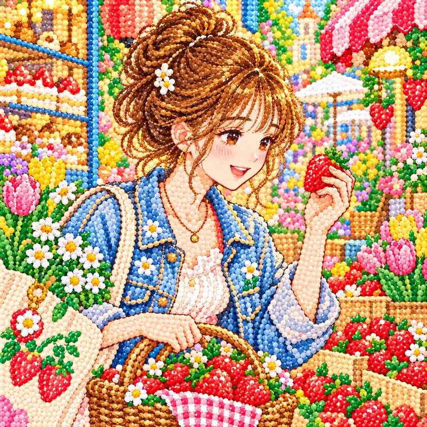 Close-up diamond drill detail of a young woman browsing strawberries and flowers at a lively street market artwork