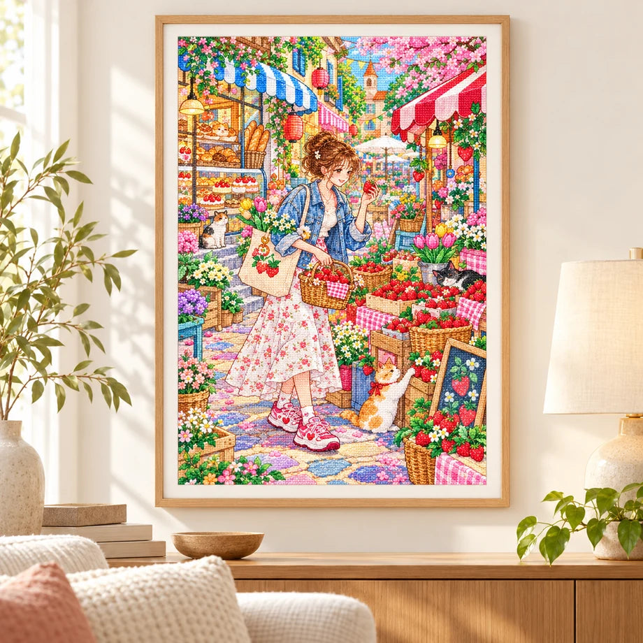 Framed a young woman browsing strawberries and flowers at a lively street market diamond painting displayed as home decor