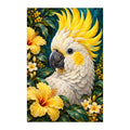 White-background original artwork of a sulphur-crested cockatoo with a yellow crest among yellow flowers