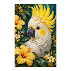 White-background finished diamond painting of a sulphur-crested cockatoo portrait with golden crest