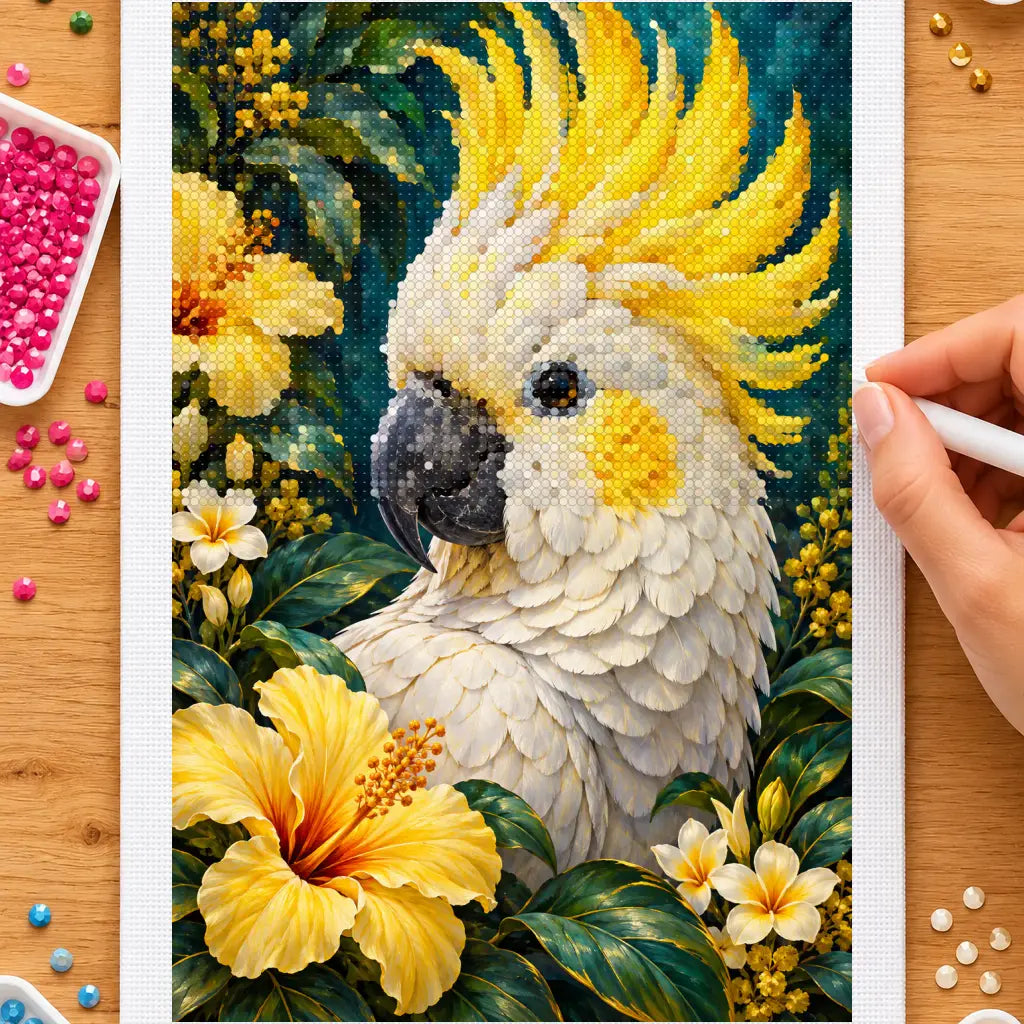 Hands placing drills on the sulphur-crested cockatoo and yellow blooms diamond painting canvas