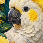 Close-up diamond detail of layered white cockatoo feathers and yellow crest