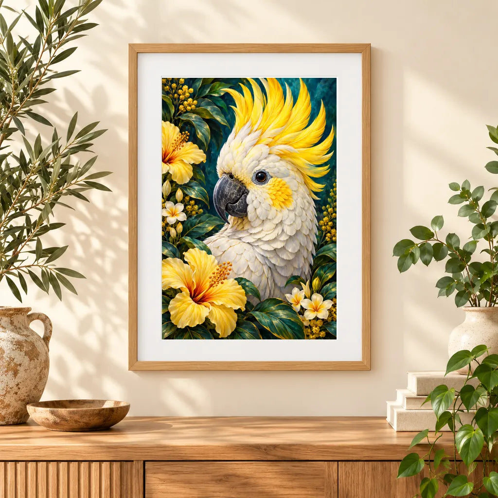 Framed home display of the sulphur-crested cockatoo yellow blooms diamond painting