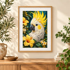Framed home display of the sulphur-crested cockatoo yellow blooms diamond painting