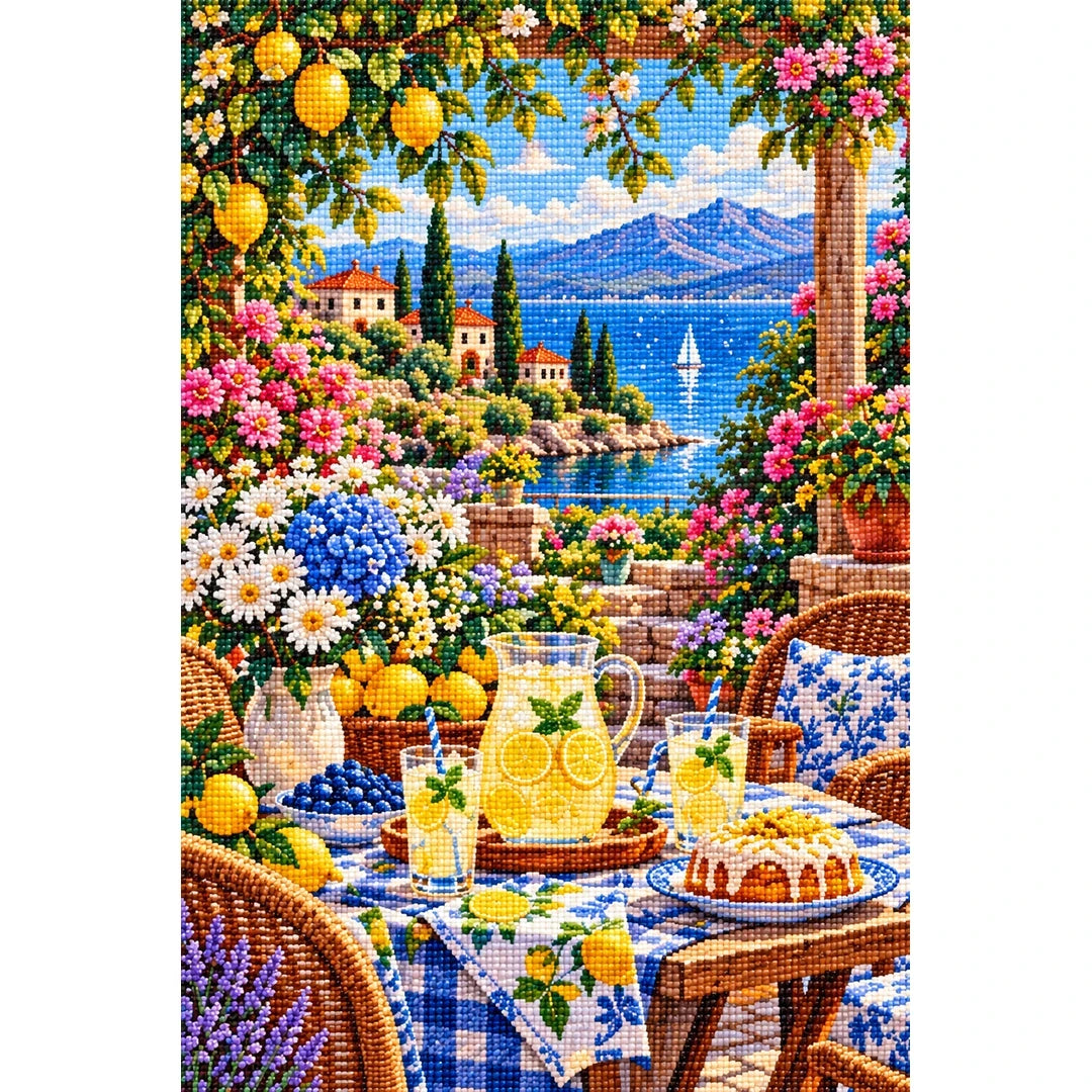 Summer Lemonade Garden Party — finished diamond painting on a white background