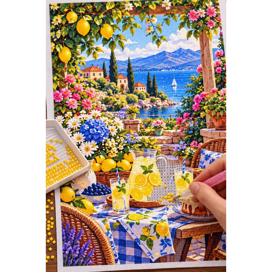 Summer Lemonade Garden Party — diamond painting process with applicator pen
