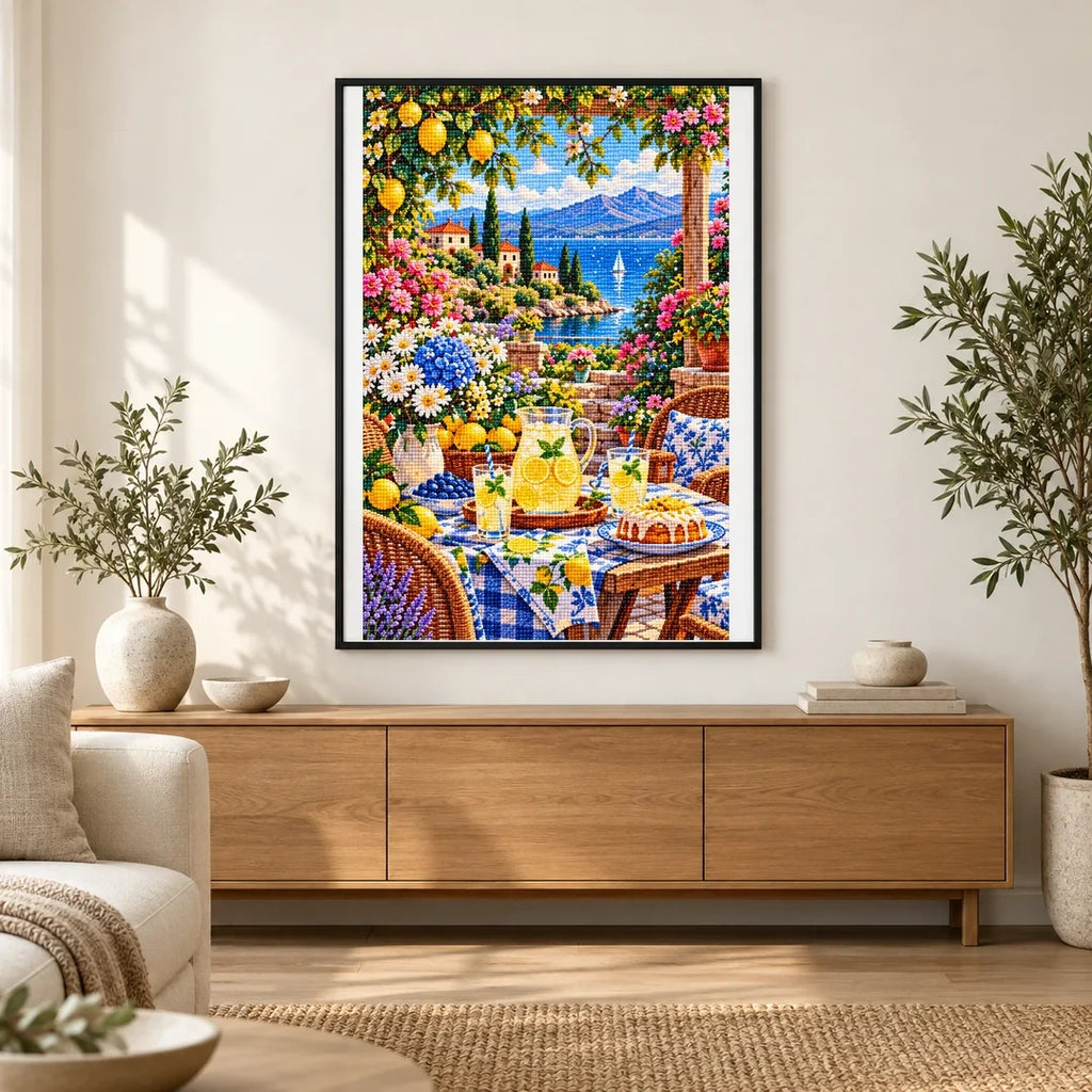 Summer Lemonade Garden Party — finished diamond painting displayed in a home interior