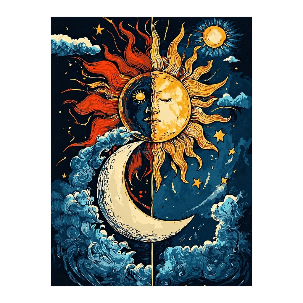 White-background original artwork of sun and moon crescent