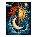 White-background original artwork of sun and moon crescent