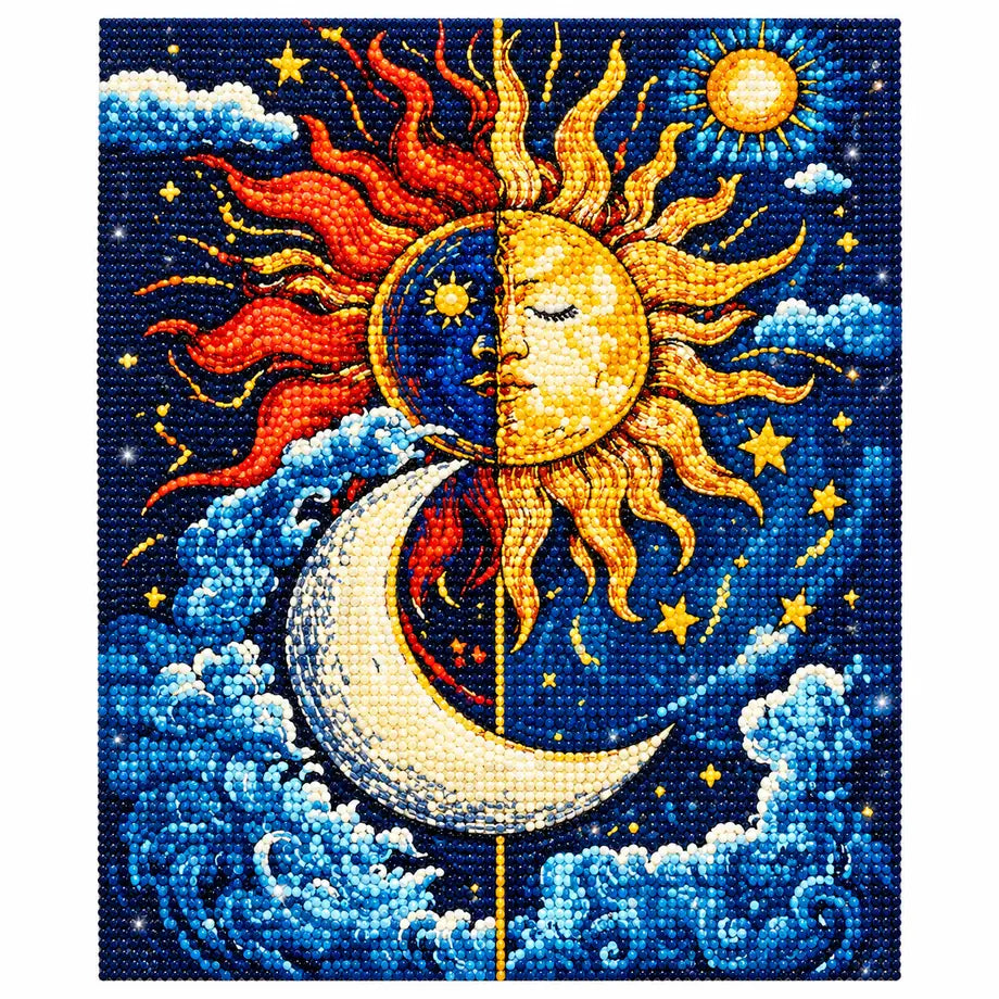 White-background finished diamond painting of sun and moon crescent