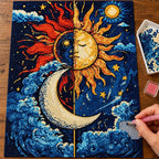 Hands placing drills on the sun and moon crescent diamond painting canvas