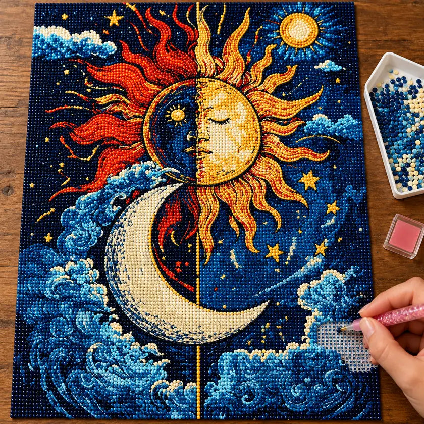 Hands placing drills on the sun and moon crescent diamond painting canvas