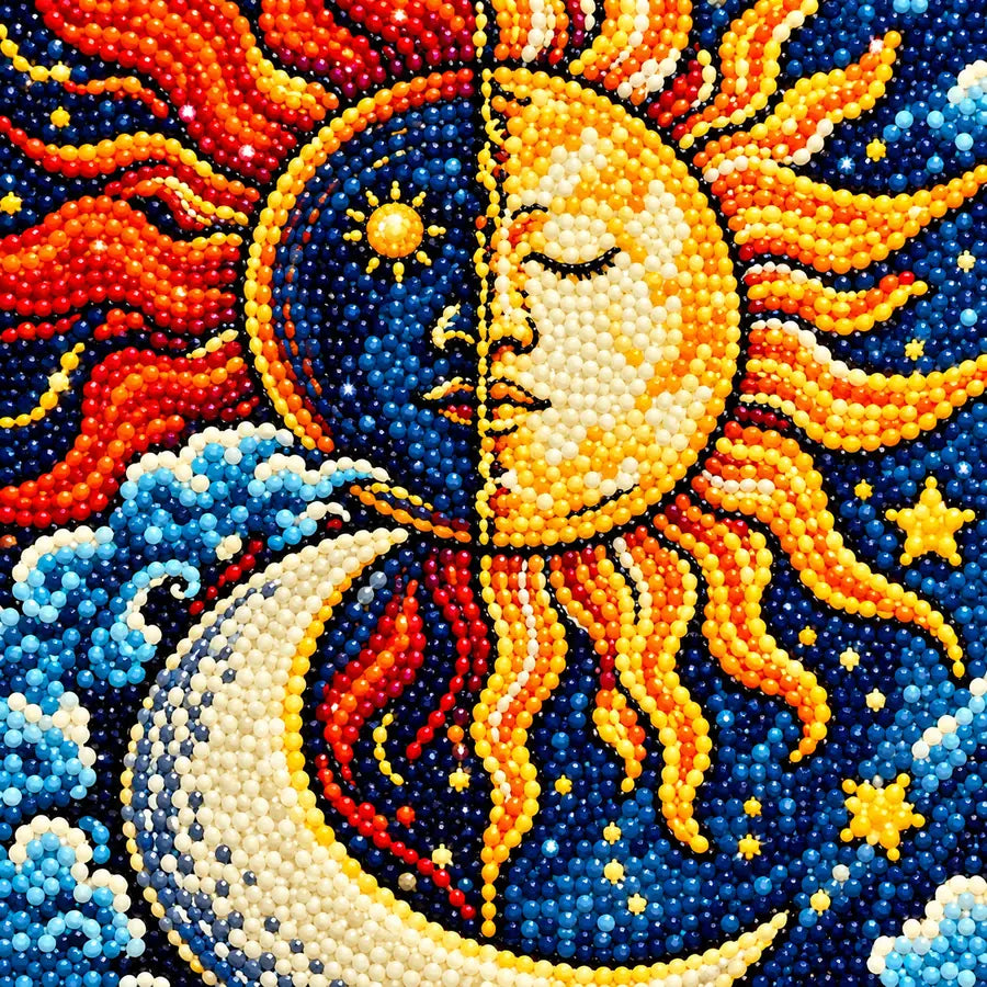 Close-up diamond detail of the sun and moon crescent diamond painting