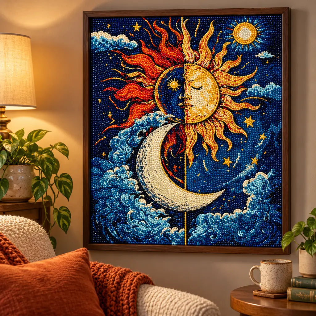Framed home display of the sun and moon crescent diamond painting