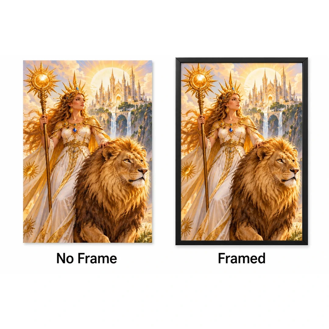 Sun Goddess Lion Diamond Painting Kit No Frame and Framed comparison