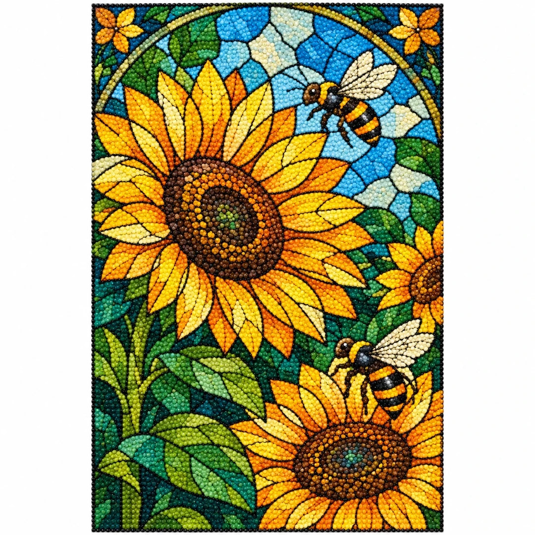 Sunflower Bees Stained Glass Diamond Painting Kit — finished diamond painting on white background