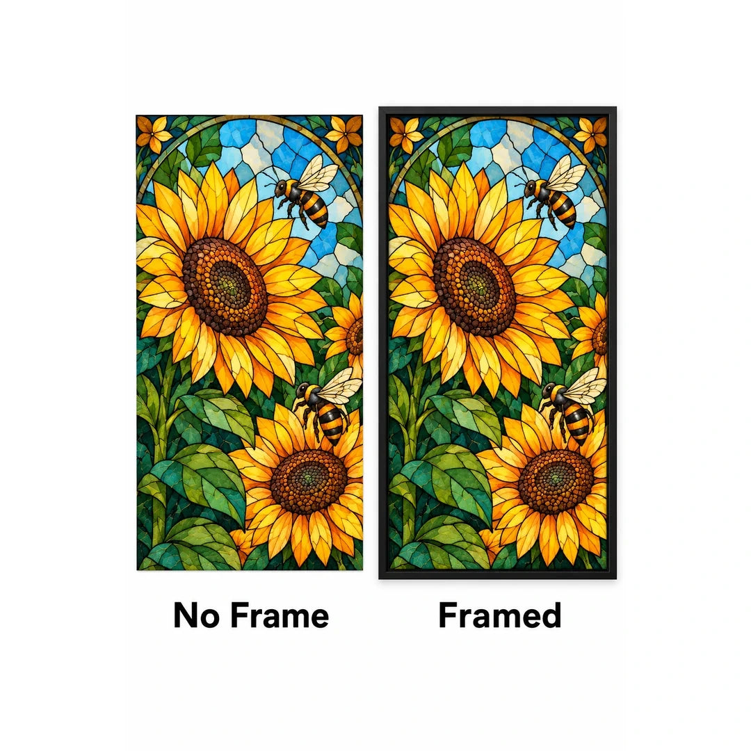 Sunflower Bees Stained Glass Diamond Painting Kit — No Frame and Framed style comparison