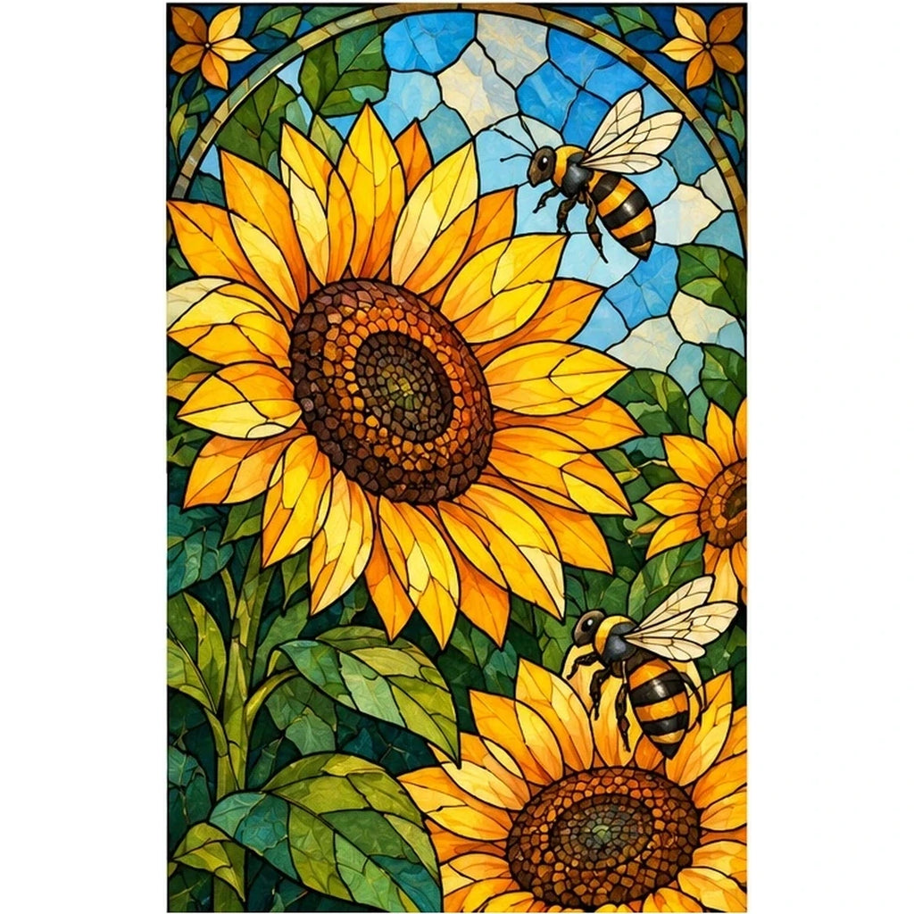 Sunflower Bees Stained Glass Diamond Painting Kit — original white-background artwork