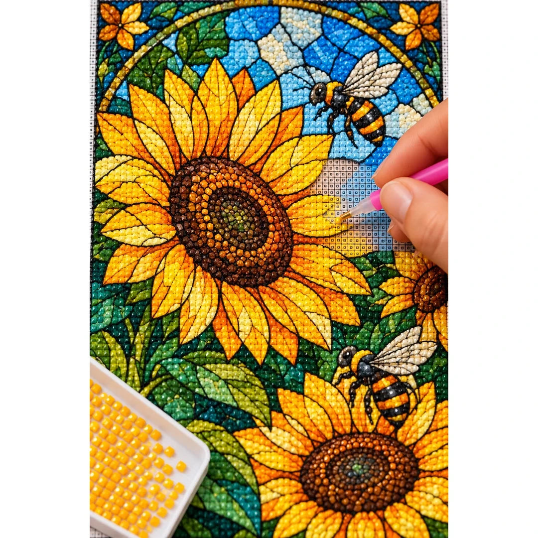 Sunflower Bees Stained Glass Diamond Painting Kit — diamond painting application process