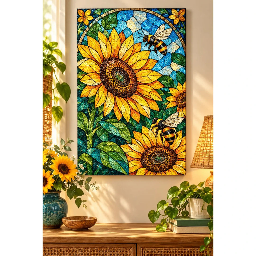 Sunflower Bees Stained Glass Diamond Painting Kit — finished diamond painting in a home setting