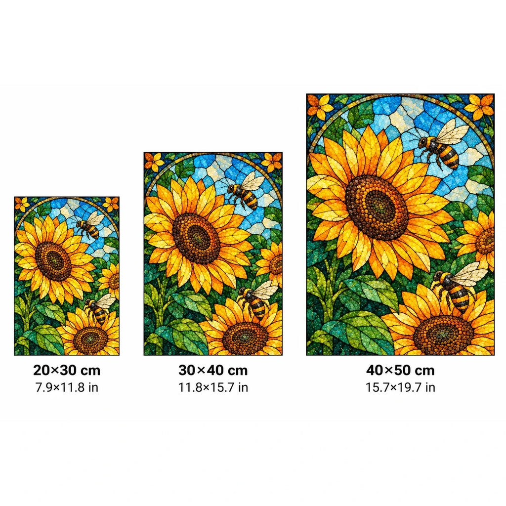 Sunflower Bees Stained Glass Diamond Painting Kit — 20 by 30, 30 by 40, and 40 by 50 centimeter size guide