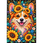 Sunflower Floral Corgi Diamond Painting Kit — Finished white-background diamond painting