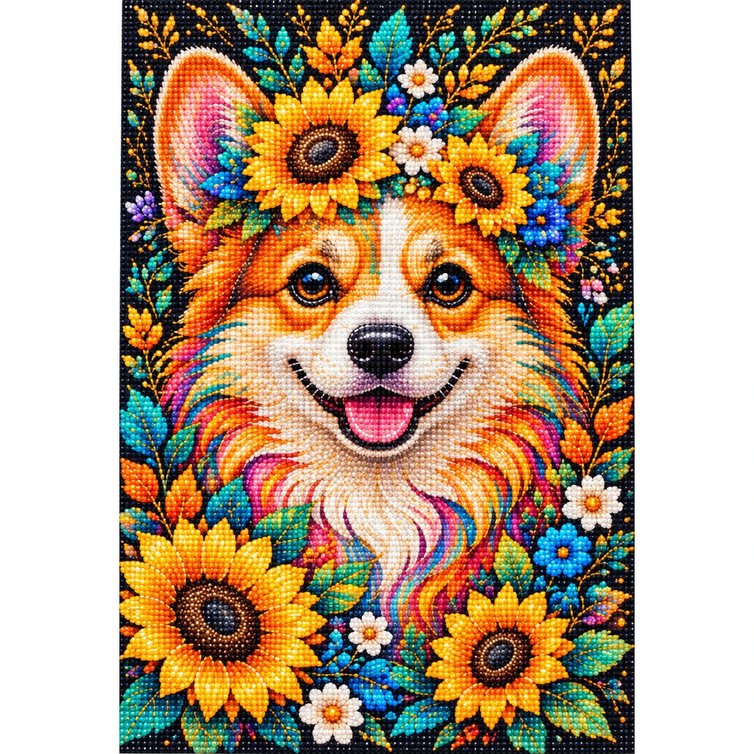 Sunflower Floral Corgi Diamond Painting Kit — Finished white-background diamond painting