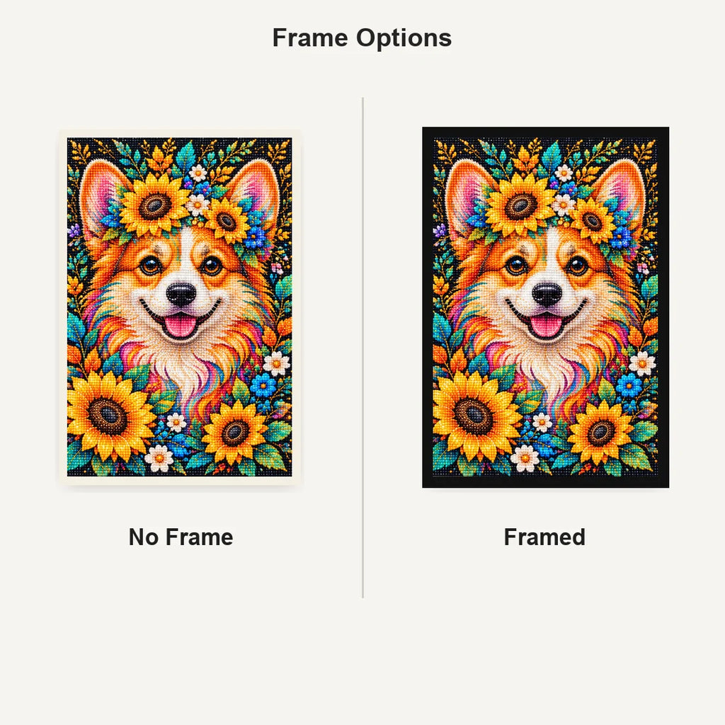Sunflower Floral Corgi Diamond Painting Kit — No Frame and Framed comparison