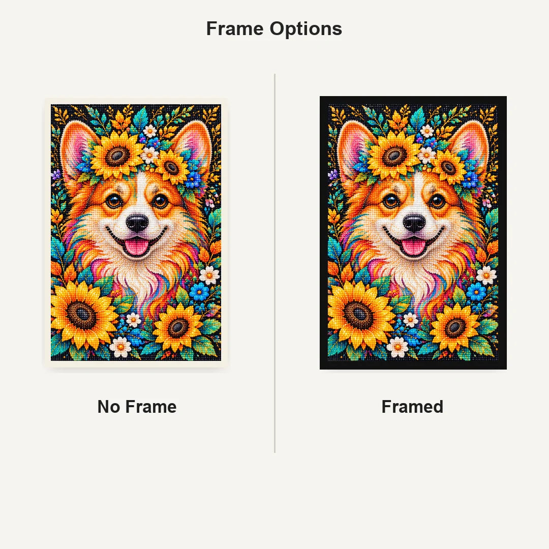 Sunflower Floral Corgi Diamond Painting Kit — No Frame and Framed comparison