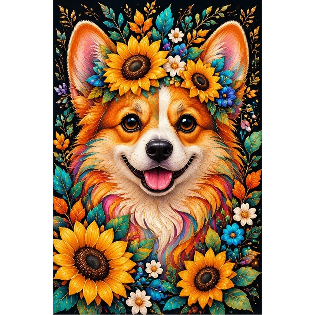 Sunflower Floral Corgi Diamond Painting Kit — original white-background artwork