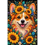 Sunflower Floral Corgi Diamond Painting Kit — original white-background artwork